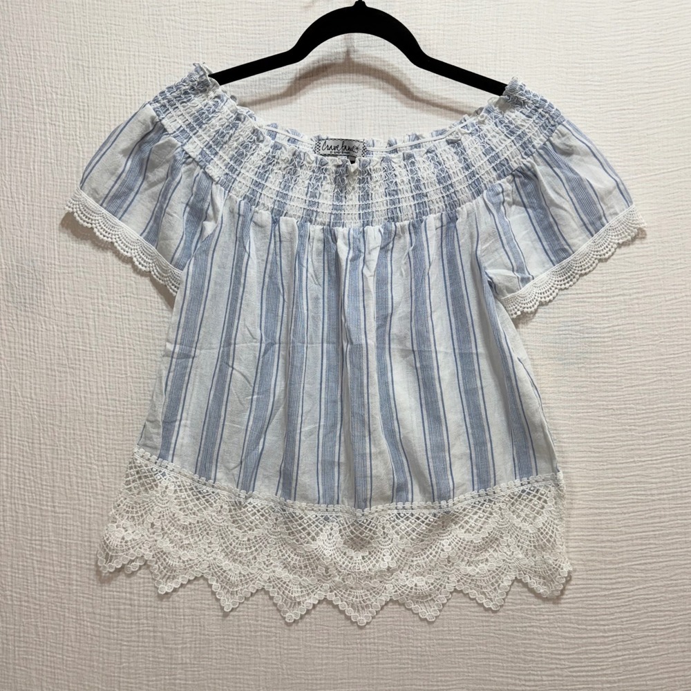 Crave Fame Off The Shoulder Top Womens Small Blue White Striped Boho‎ Lace Trim